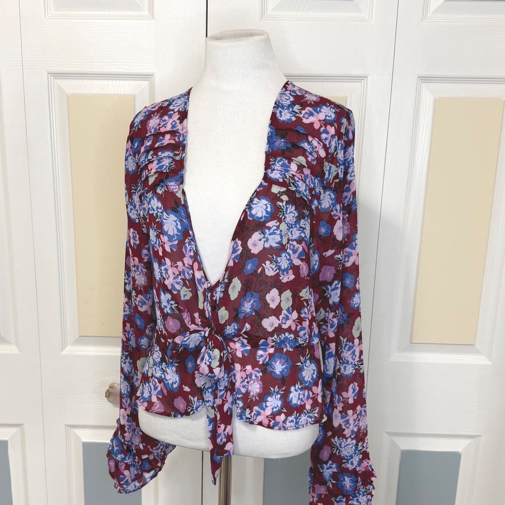 Free People‎ Burgundy Floral Print Tie Front Blouse Women's Size S Ruffle Sleeve